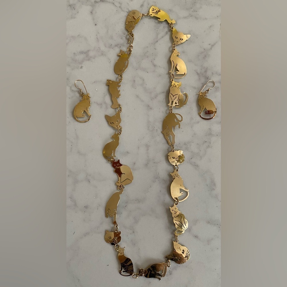 Vintage Wild Bryde 14k Gold Plated Cat Lover’s Cat Necklace And Earrings Set Nib